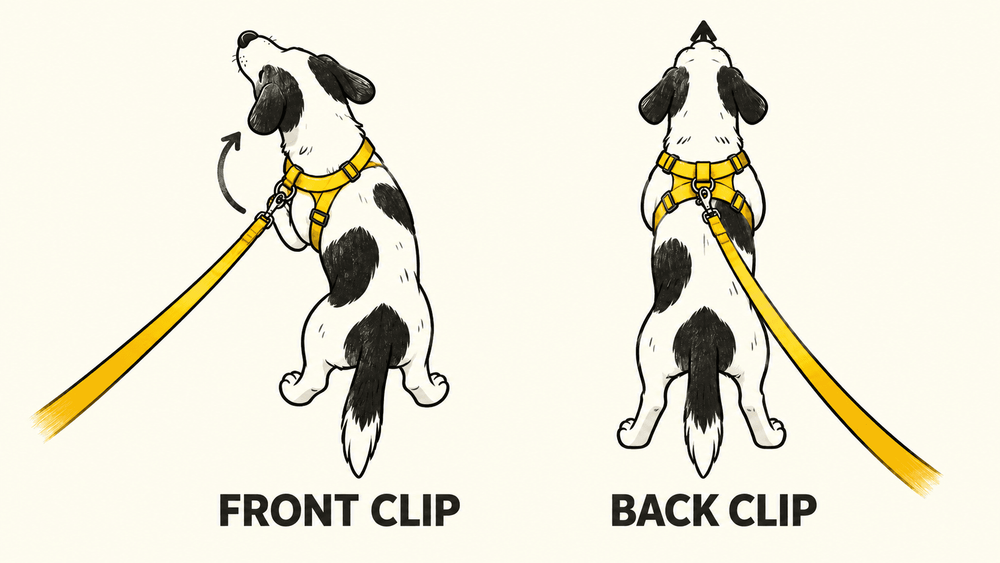 Diagram: a front-clip harness turning a pulling dog sideways beside a back-clip harness